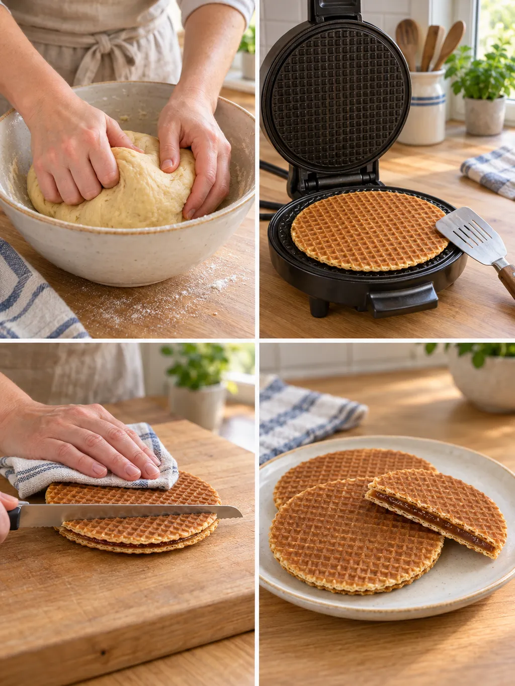 Stroopwafeldeeg kneden, wafels bakken en doorsnijden, met gevulde stroopwafels