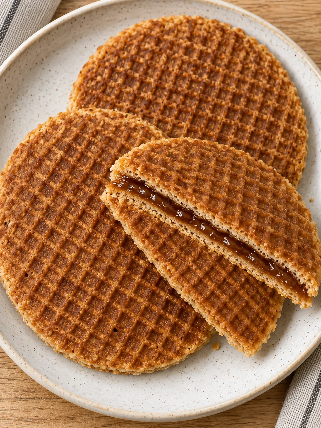 Goudbruine stroopwafels met zichtbare kaneelstroop tussen de dunne wafellagen