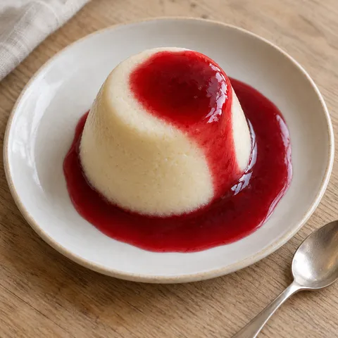 Gestorte griesmeelpudding met rode bessensaus op een wit dessertbord