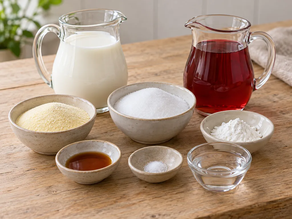Melk, griesmeel, suiker, vanille, zout, bessensap, maïzena en water voor pudding