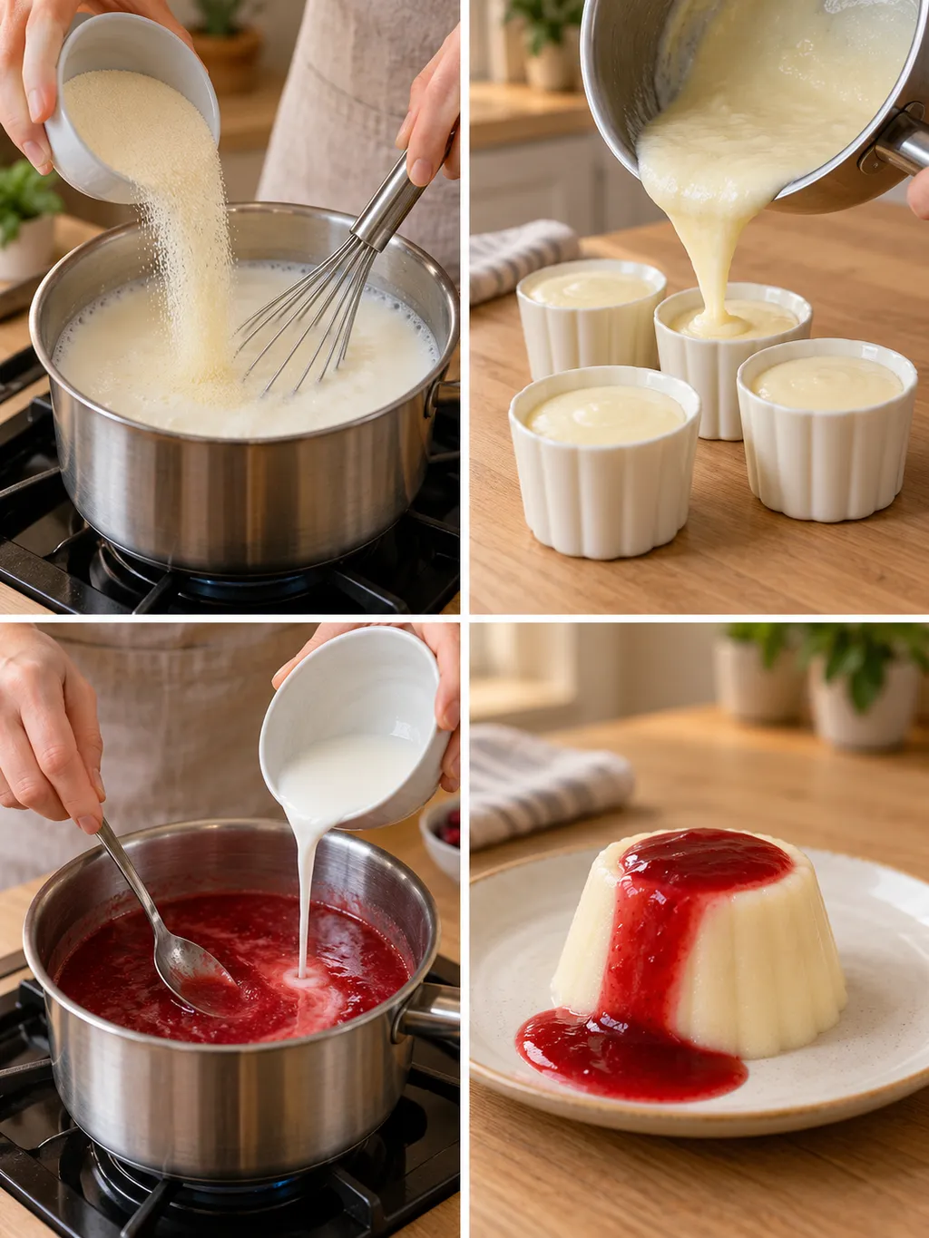 Griesmeel koken, puddingvormpjes vullen, bessensaus binden en de pudding serveren