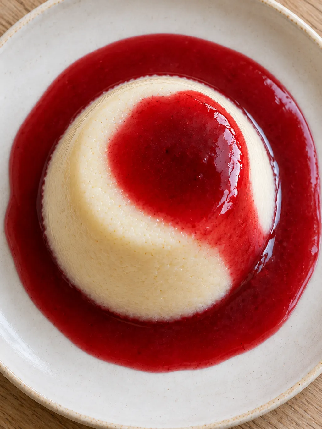 Griesmeelpudding met robijnrode bessensaus van boven gezien