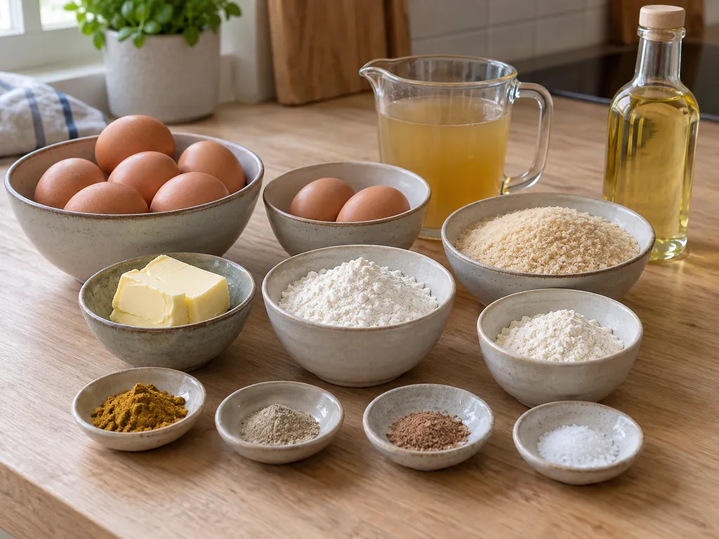 Eieren, boter, bloem, bouillon, kerrie, paneermeel en olie voor Groninger eierballen