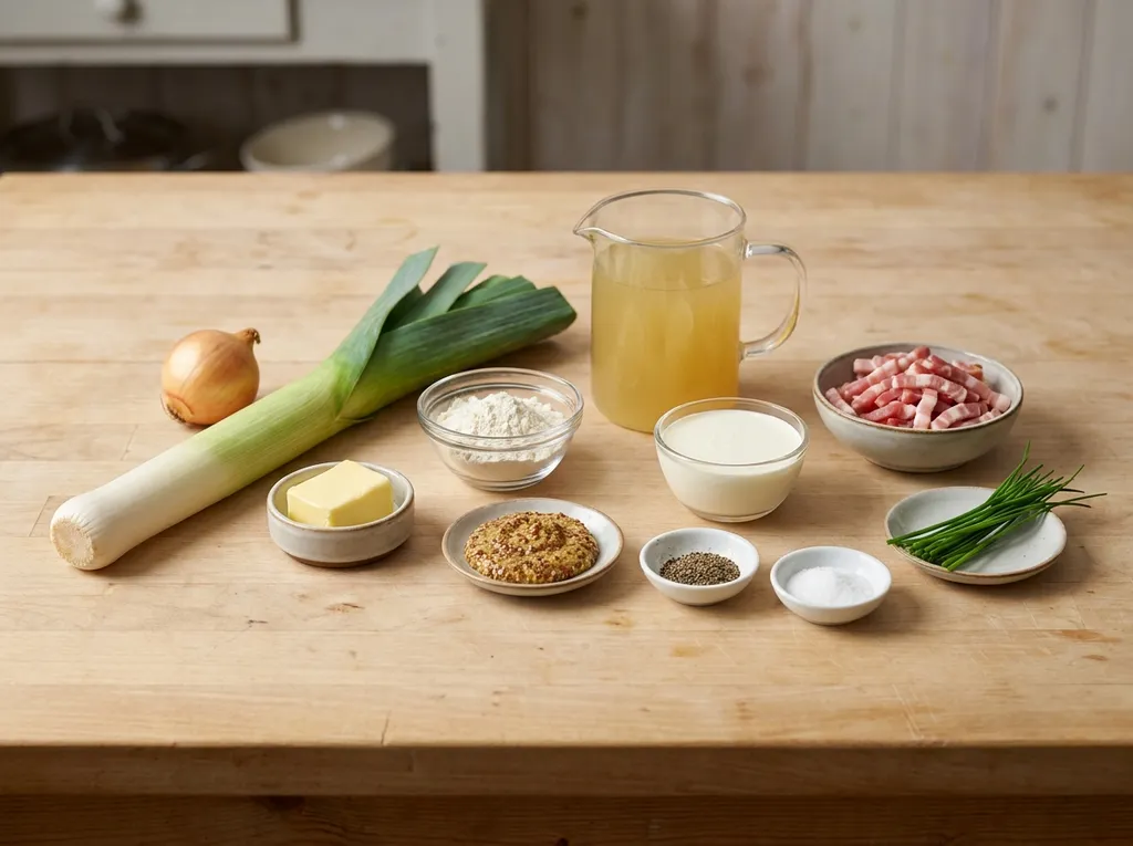 Prei, ui, grove mosterd, room, bouillon, boter, bloem, spekreepjes en bieslook