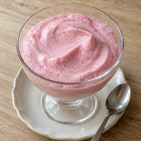 Haagse bluf met lichtroze bessenschuim en zachte lepelkrullen in een dessertglas