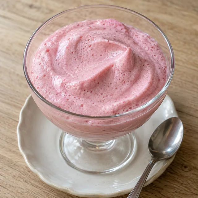 Haagse bluf met lichtroze bessenschuim en zachte lepelkrullen in een dessertglas