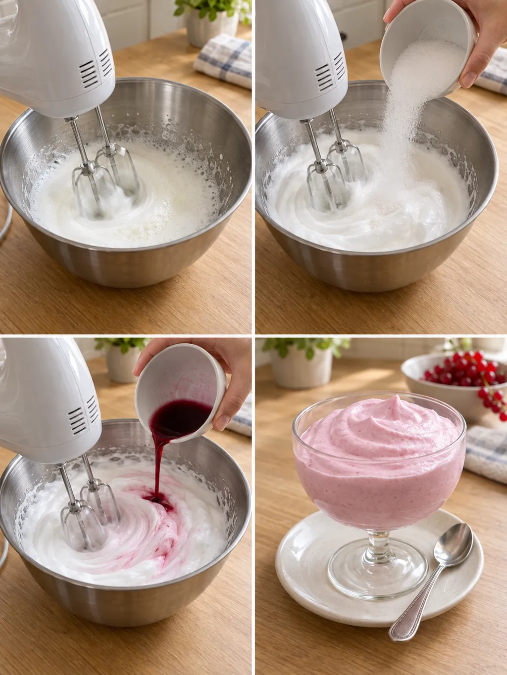 Eiwit kloppen, suiker en bessensap toevoegen en Haagse bluf serveren in een glas