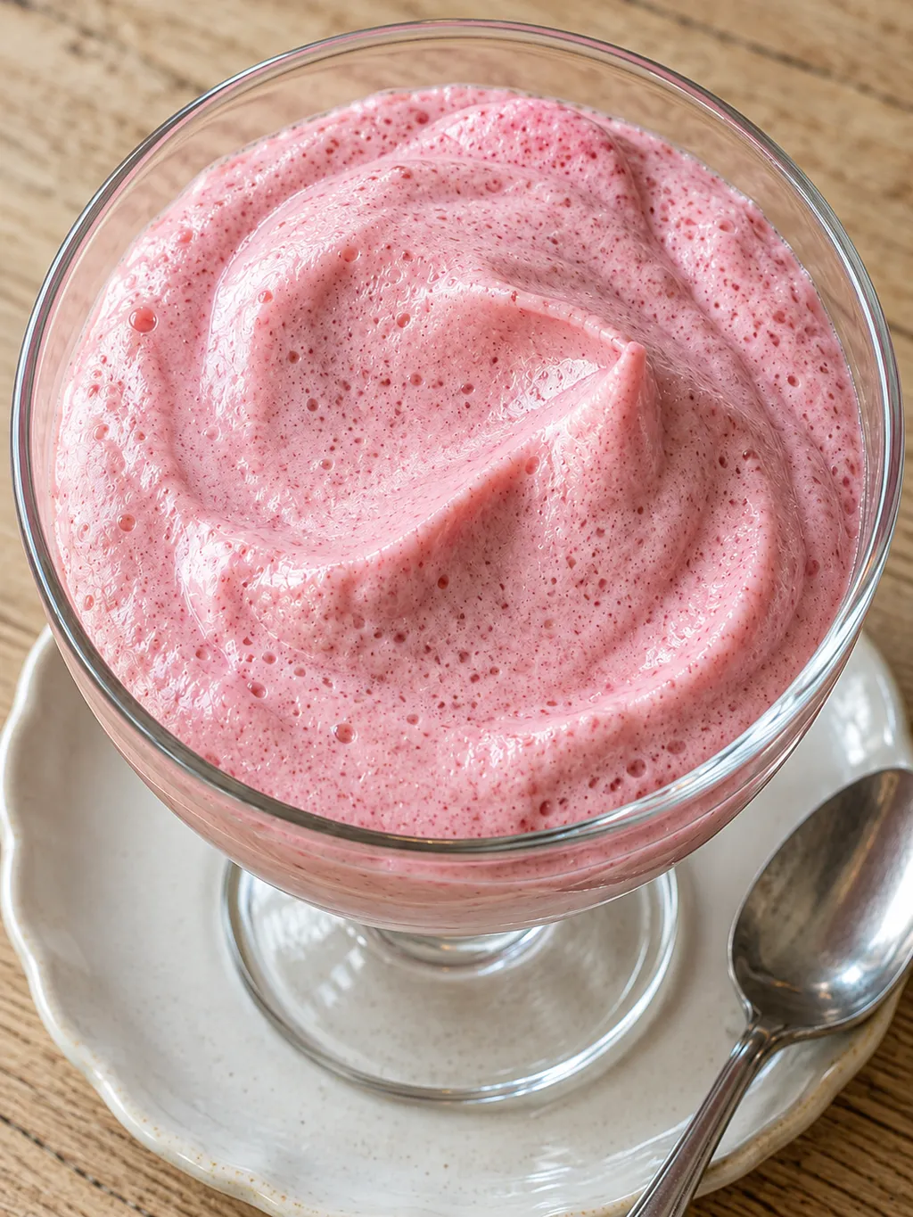 Lichtroze Haagse bluf met fijne luchtbelletjes en lepelkrullen in een dessertglas