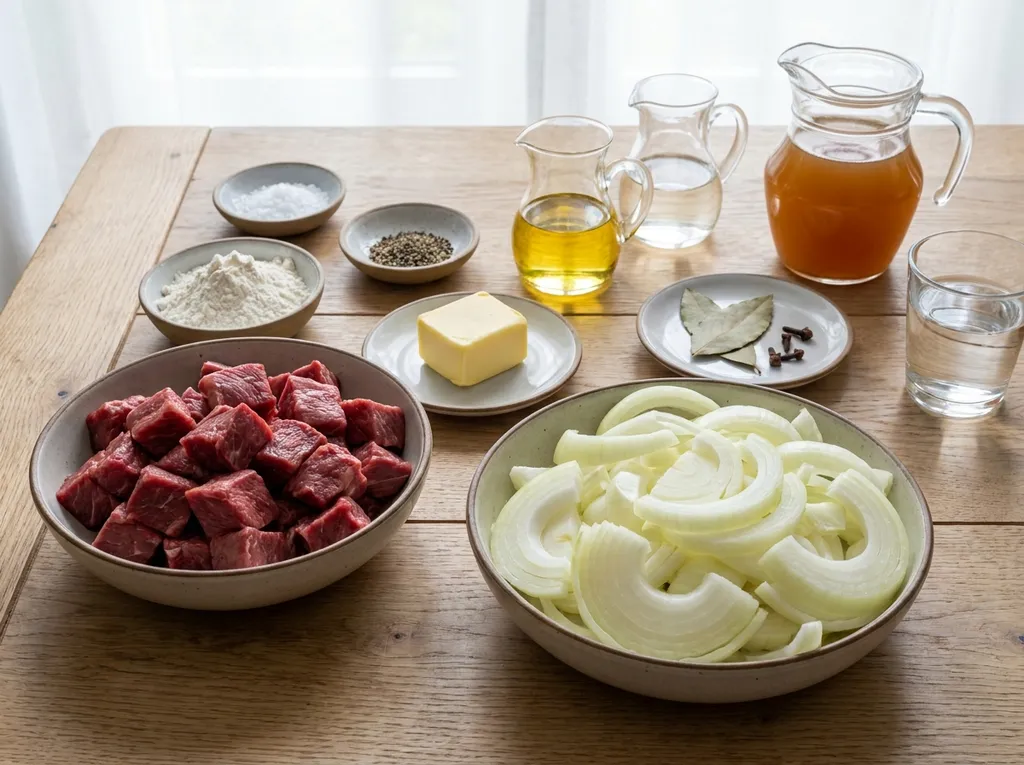 Runderlappen, uien, boter, bloem, azijn, bouillon en specerijen voor hachee