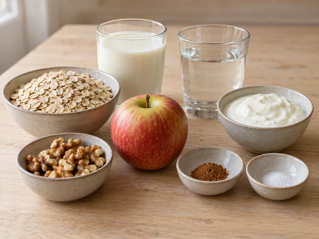 Havermout, melk, water, yoghurt, appel, kaneel, zout en walnoten