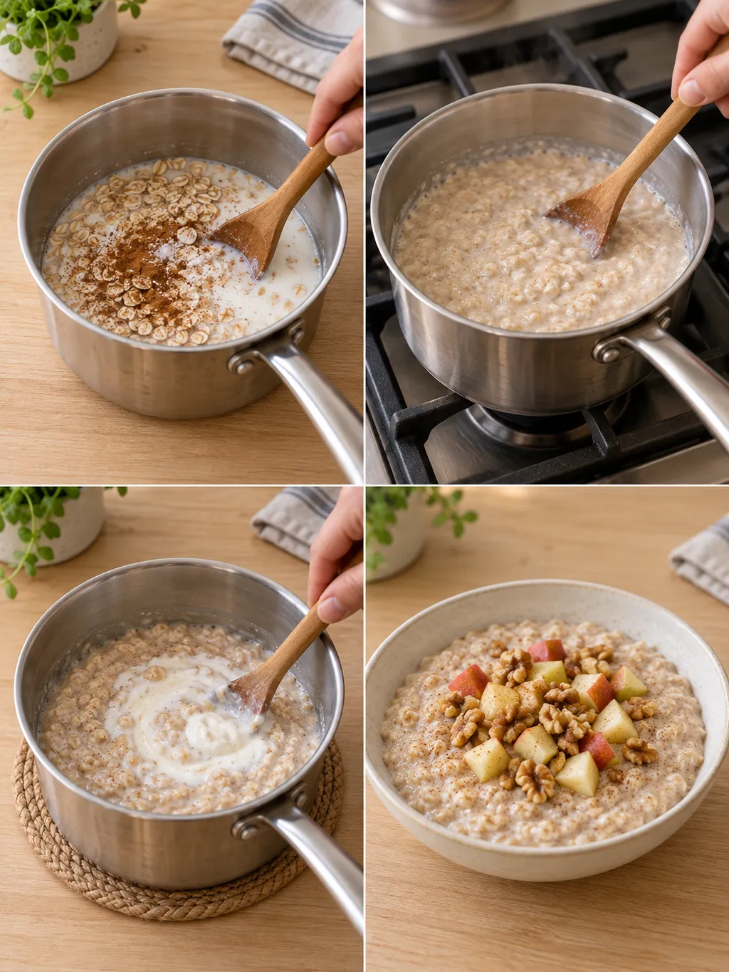 Havermout mengen, koken en afwerken met yoghurt, appel en walnoten