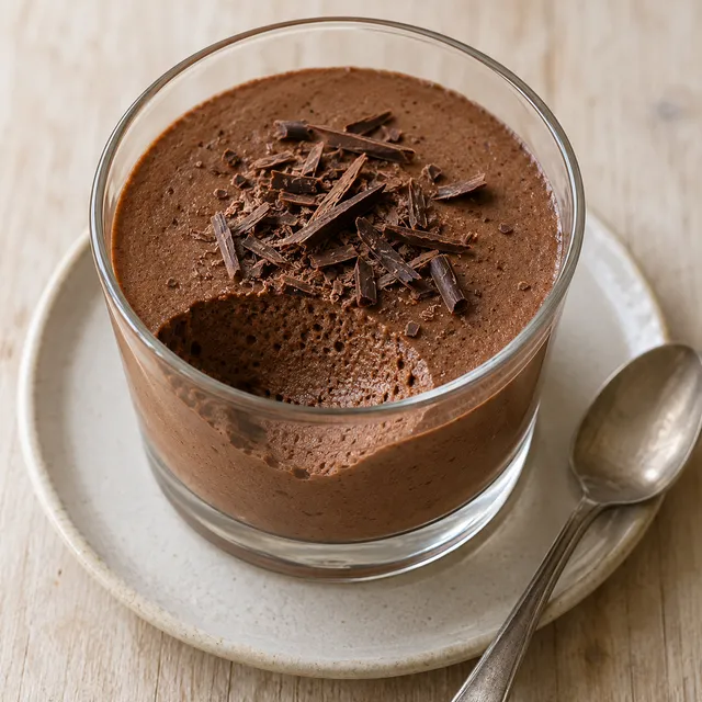 Hemelse modder in een glaasje met fijne luchtbelletjes en puur chocoladeschaafsel