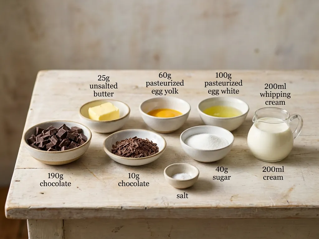 Pure chocolade, boter, gepasteuriseerd ei, suiker, slagroom en zout voor hemelse modder