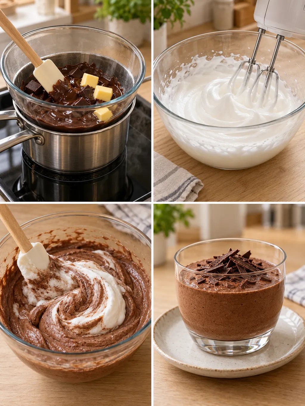 Chocolade smelten, eiwit kloppen, mousse spatelen en afgewerkte hemelse modder
