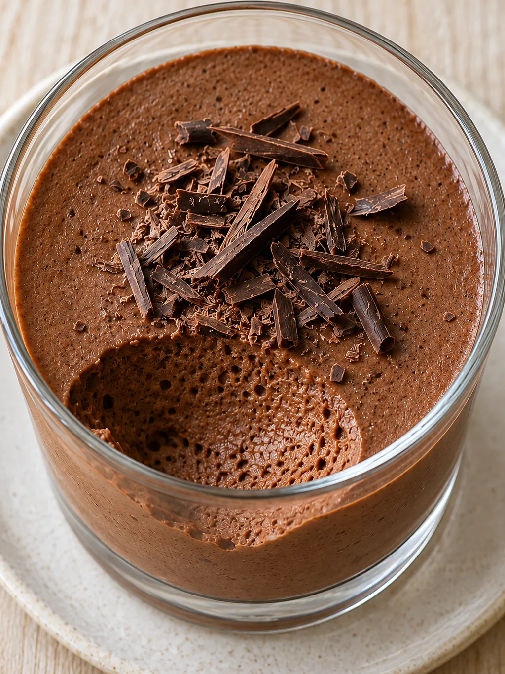 Luchtige hemelse modder met donkerbruine mousse en dun puur chocoladeschaafsel