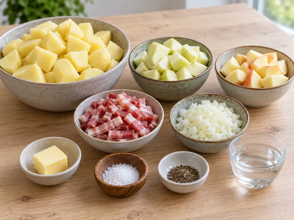 Aardappelen, zure en zoete appel, spekreepjes, ui en boter voor hete bliksem