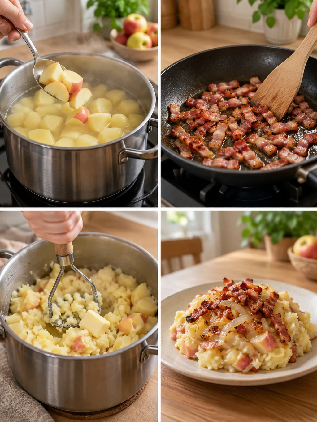 Appels meekoken, spekjes bakken, aardappelen stampen en hete bliksem serveren