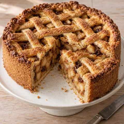 Hollandse appeltaart met goudbruin deegrooster, kaneelappels en rozijnen