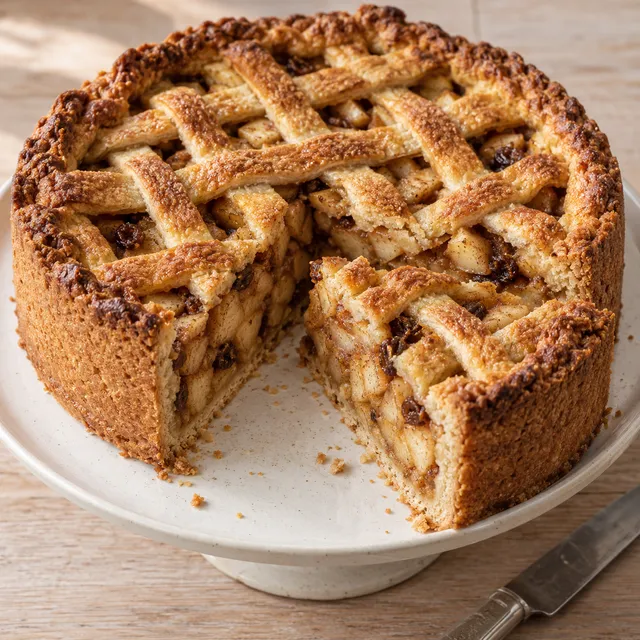 Hollandse appeltaart met goudbruin deegrooster, kaneelappels en rozijnen