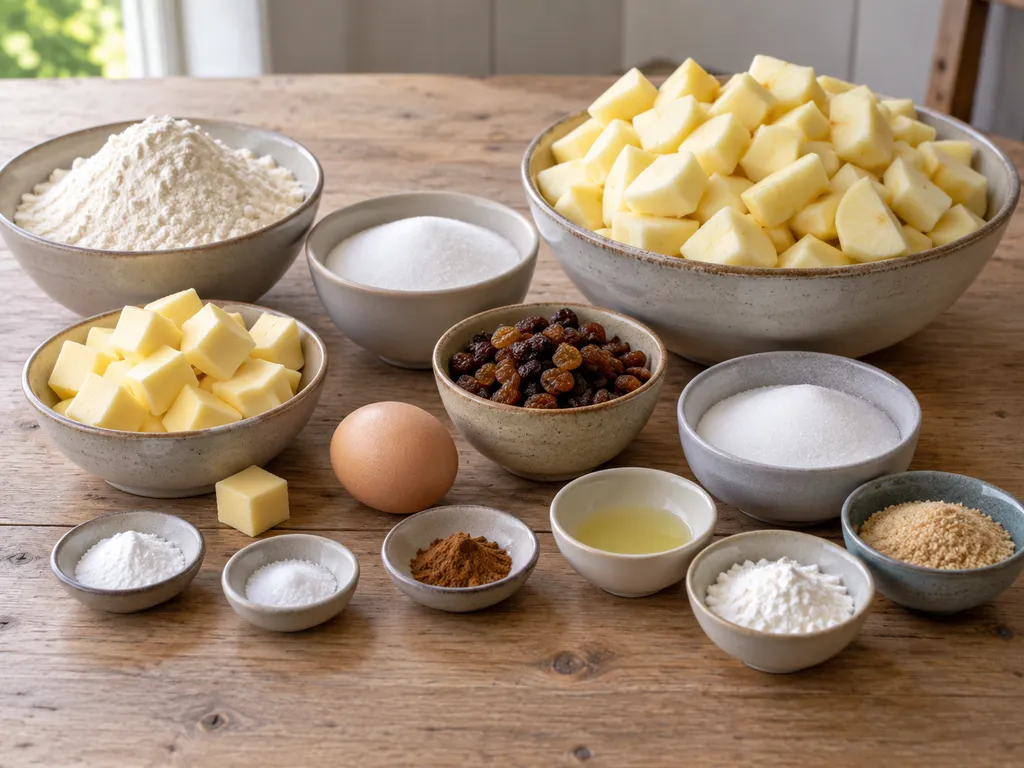 Appels, boter, bloem, ei, kaneel en overige ingrediënten voor Hollandse appeltaart