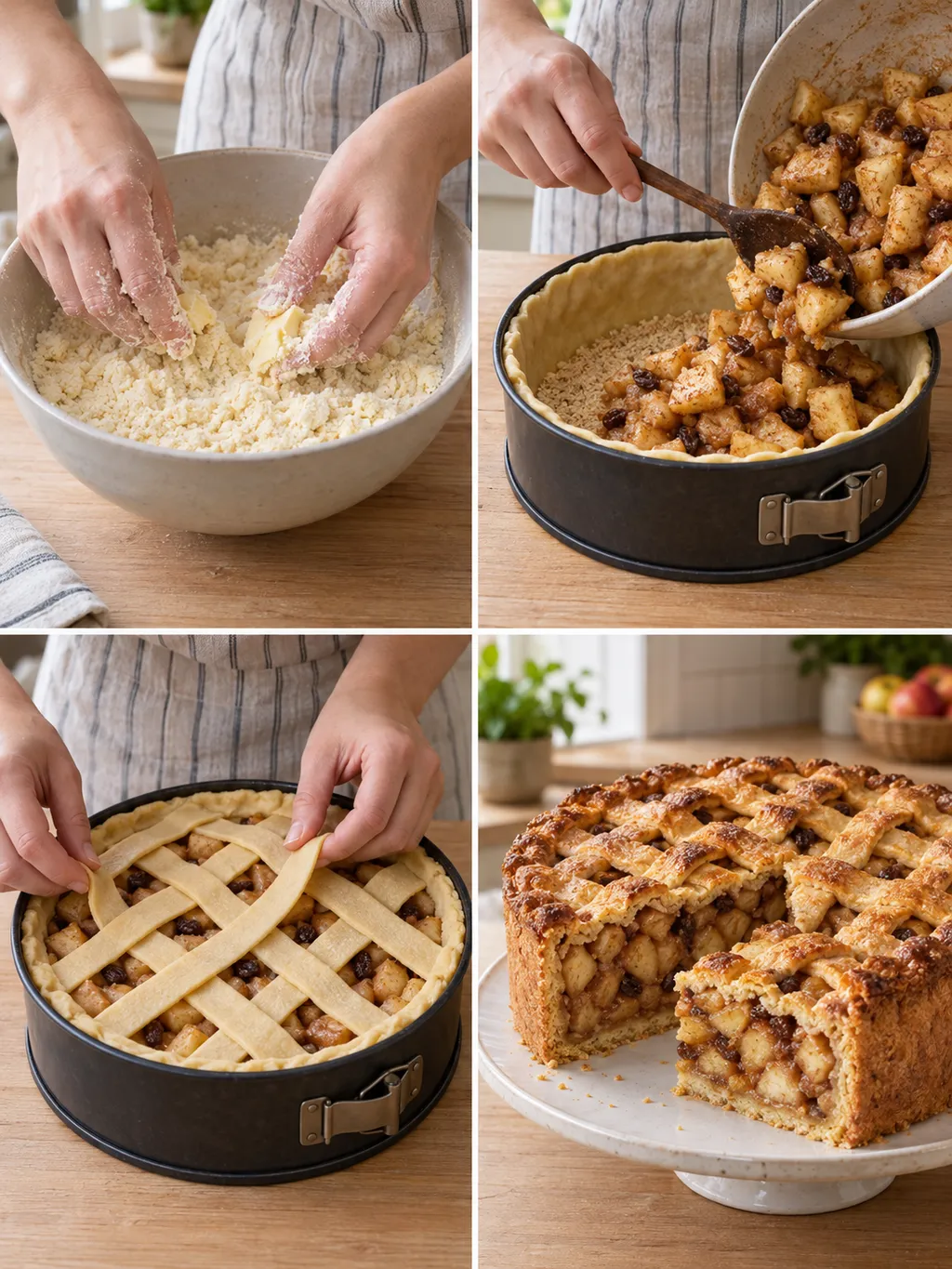 Boterdeeg maken, appelvulling toevoegen, deegrooster leggen en de gebakken appeltaart