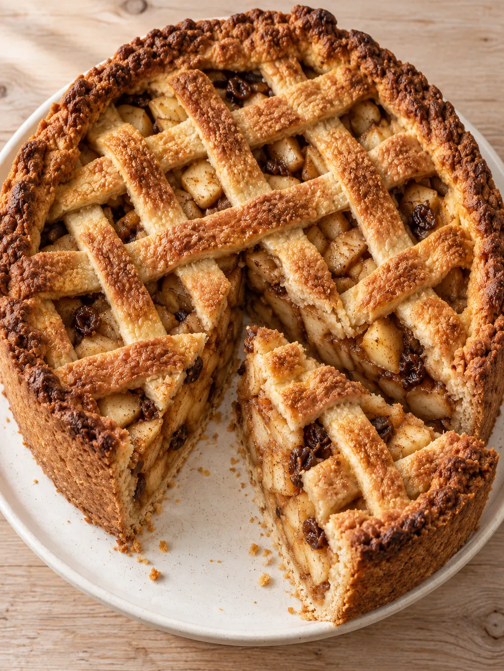 Hollandse appeltaart met open deegrooster en een uitgesneden punt met appel en rozijnen
