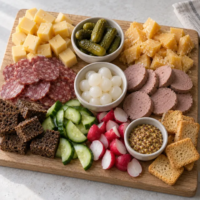Hollandse borrelplank met kaas, worst, augurken, uitjes, mosterd en roggebrood