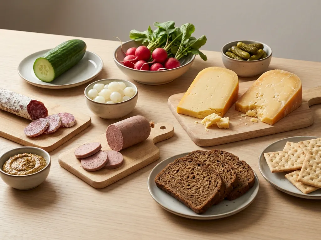 Kaas, worst, groenten, tafelzuur, mosterd, roggebrood en toastjes voor een borrelplank
