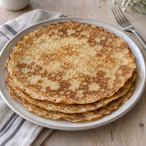 Dunne Hollandse pannenkoeken met goudbruine bakvlekjes op een licht bord