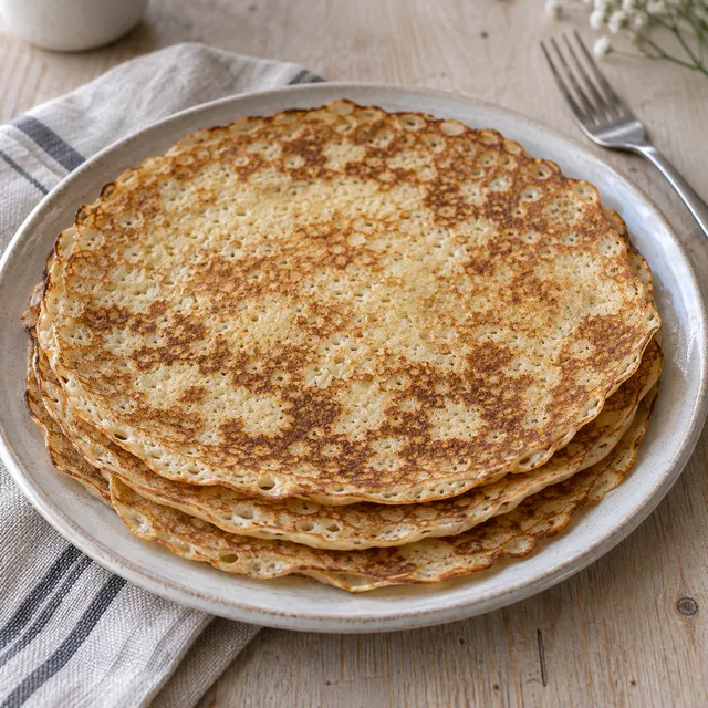 Dunne Hollandse pannenkoeken met goudbruine bakvlekjes op een licht bord