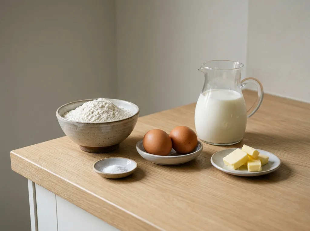 Bloem, twee eieren, melk, zout en boter voor Hollandse pannenkoeken