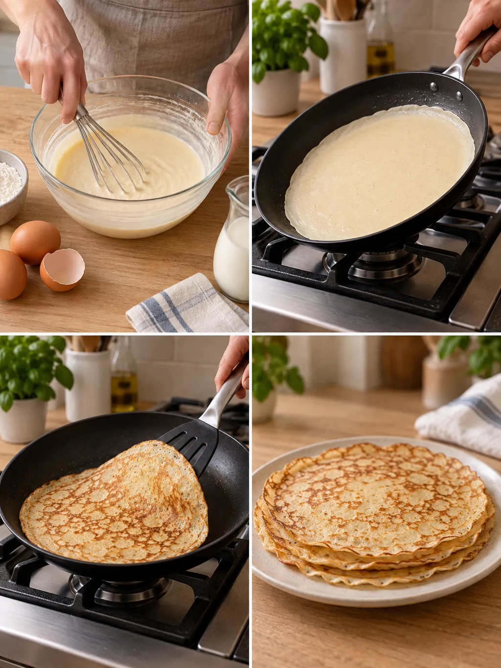 Beslag kloppen, een pannenkoek bakken en keren, met een goudbruine stapel als resultaat