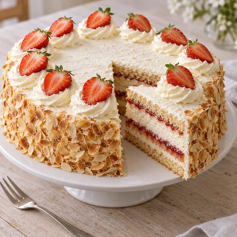 Slagroomtaart met drie biscuitlagen, aardbeienjam, roomrozetten en amandelschaafsel