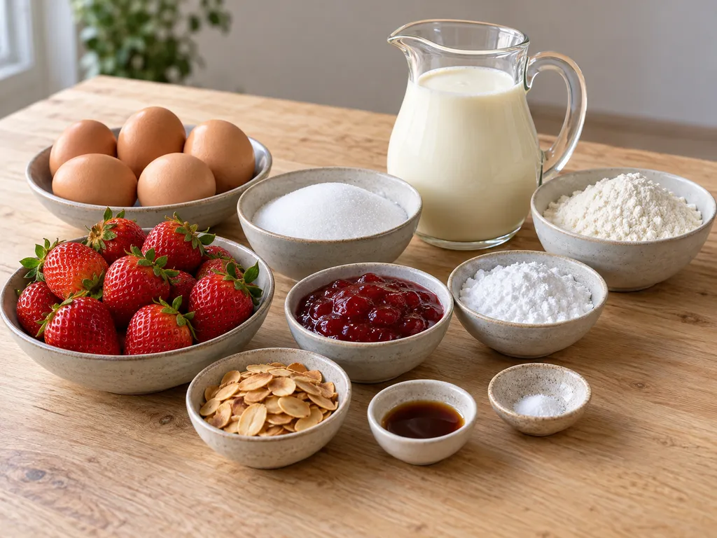 Eieren, bloem, suiker, slagroom, aardbeienjam, aardbeien en amandelen voor slagroomtaart