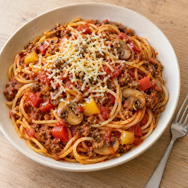 Spaghetti met rode gehaktsaus, paprika, champignons en geraspte Goudse kaas