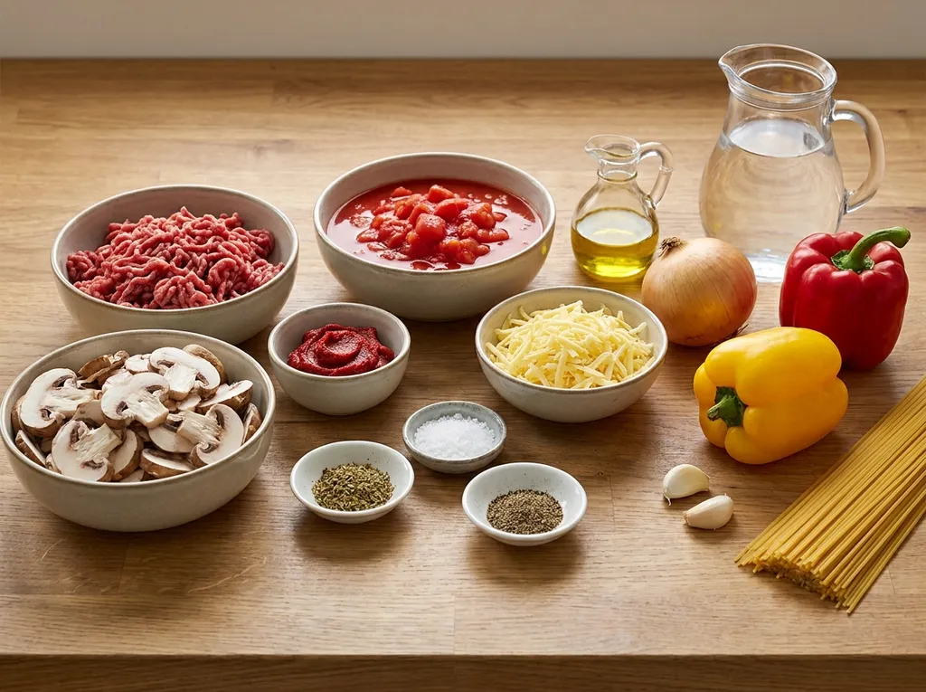 Spaghetti, rundergehakt, paprika, champignons, tomaten en kaas op een werkblad