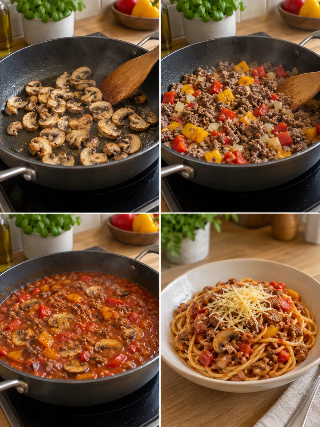 Champignons bakken, gehaktsaus bereiden en spaghetti met Goudse kaas serveren