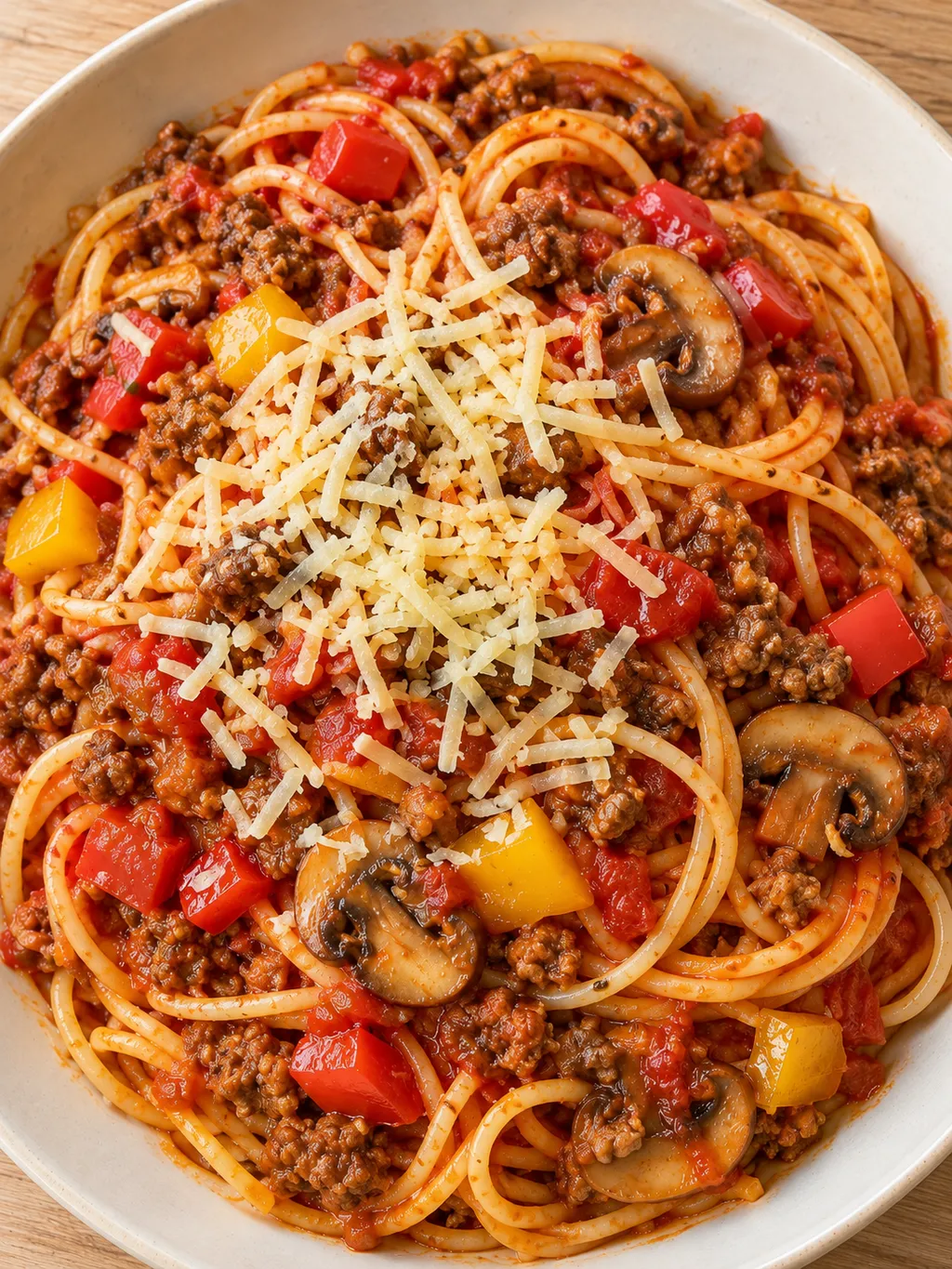 Spaghetti met gehakt, rode en gele paprika, champignons en geraspte kaas