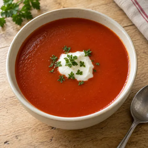 Rode Hollandse tomatensoep met crème fraîche en fijngehakte peterselie