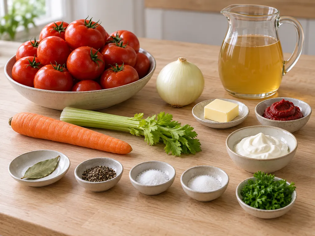 Tomaten, soepgroenten, boter, tomatenpuree, bouillon en garnering op een houten werkblad