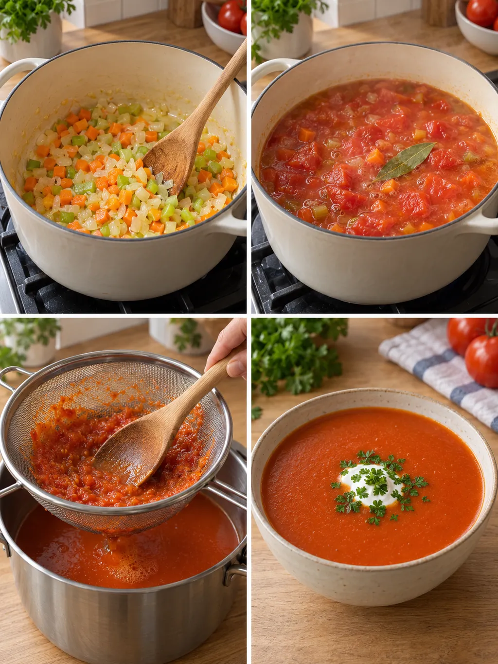 Groenten fruiten, tomaten koken, soep zeven en tomatensoep met crème fraîche serveren