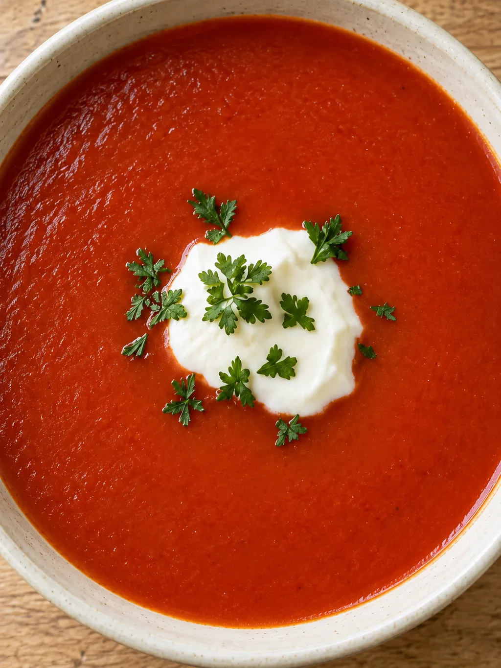 Fluweelzachte rode tomatensoep met een lepel crème fraîche en peterselie