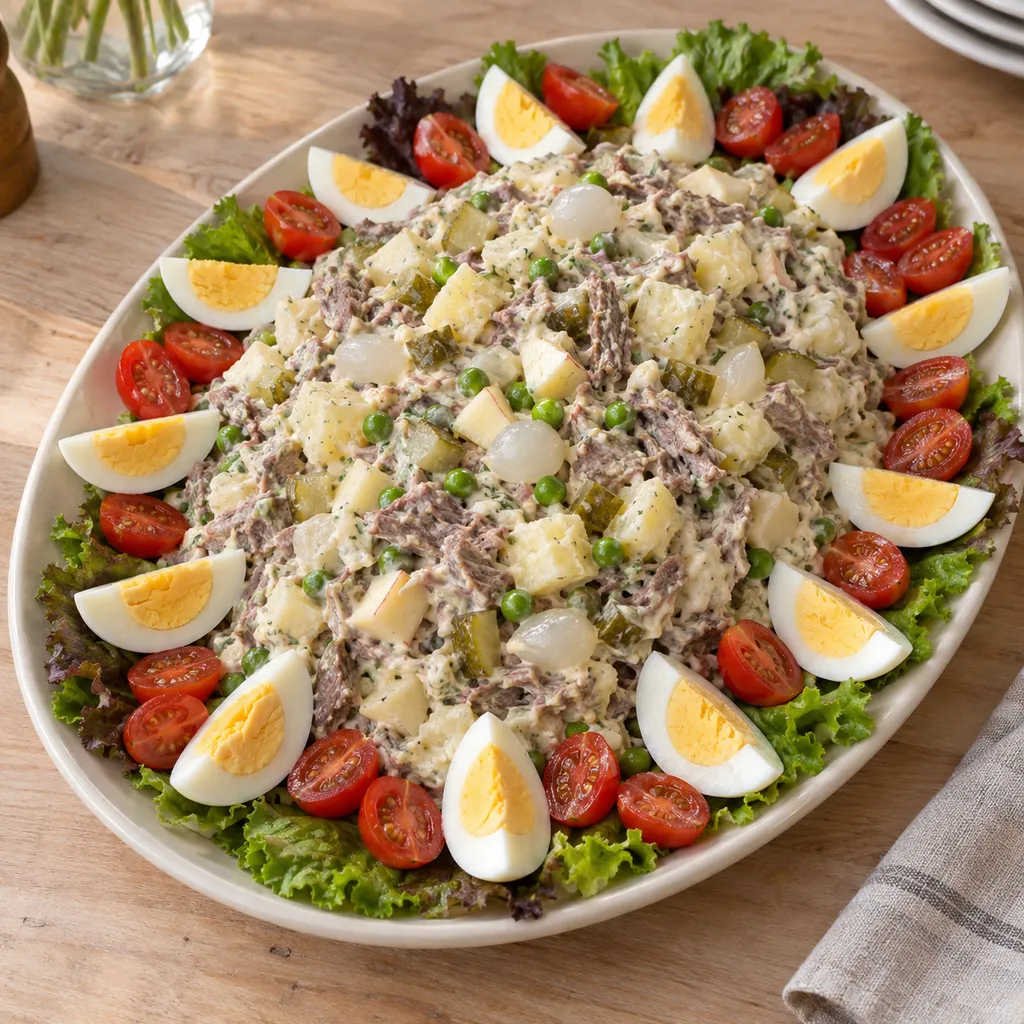 Huzarensalade met augurk en zilveruitjes, gegarneerd met ei, sla en tomaatjes