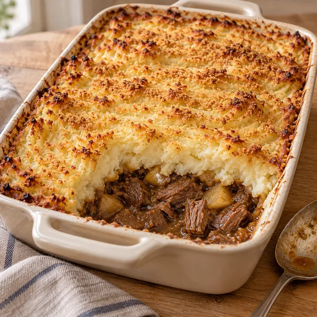 Jachtschotel met stoofvlees, appel en goudbruine aardappelpuree in een ovenschaal
