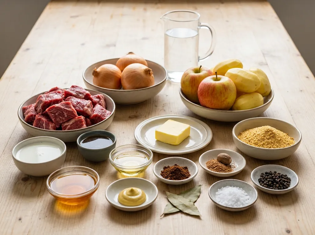 Riblappen, uien, appels, aardappelen en overige ingrediënten voor jachtschotel