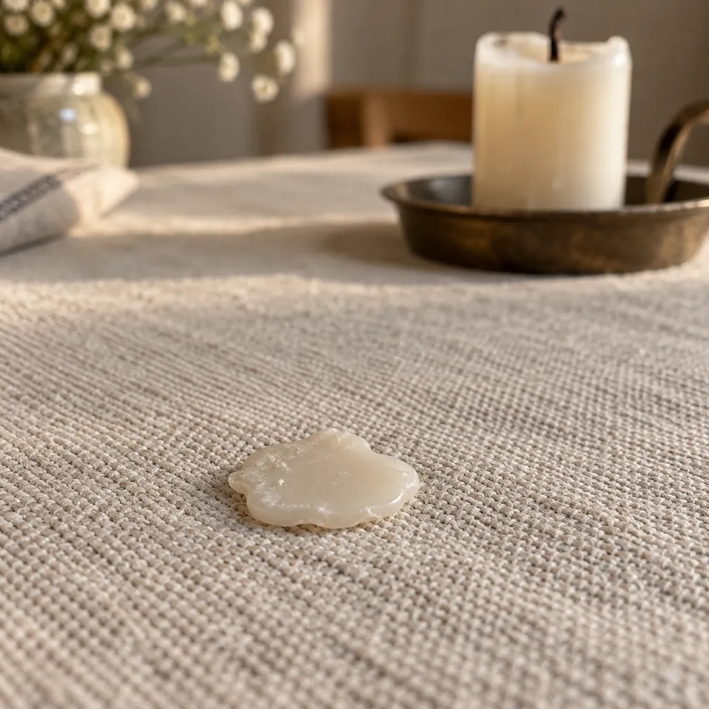 Uitgeharde ivoorkleurige kaarswas op een lichtbeige geweven tafelkleed.