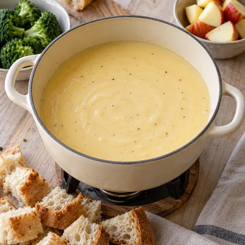 Goudse kaasfondue met stokbrood, broccoli en appel in een crèmekleurige pan