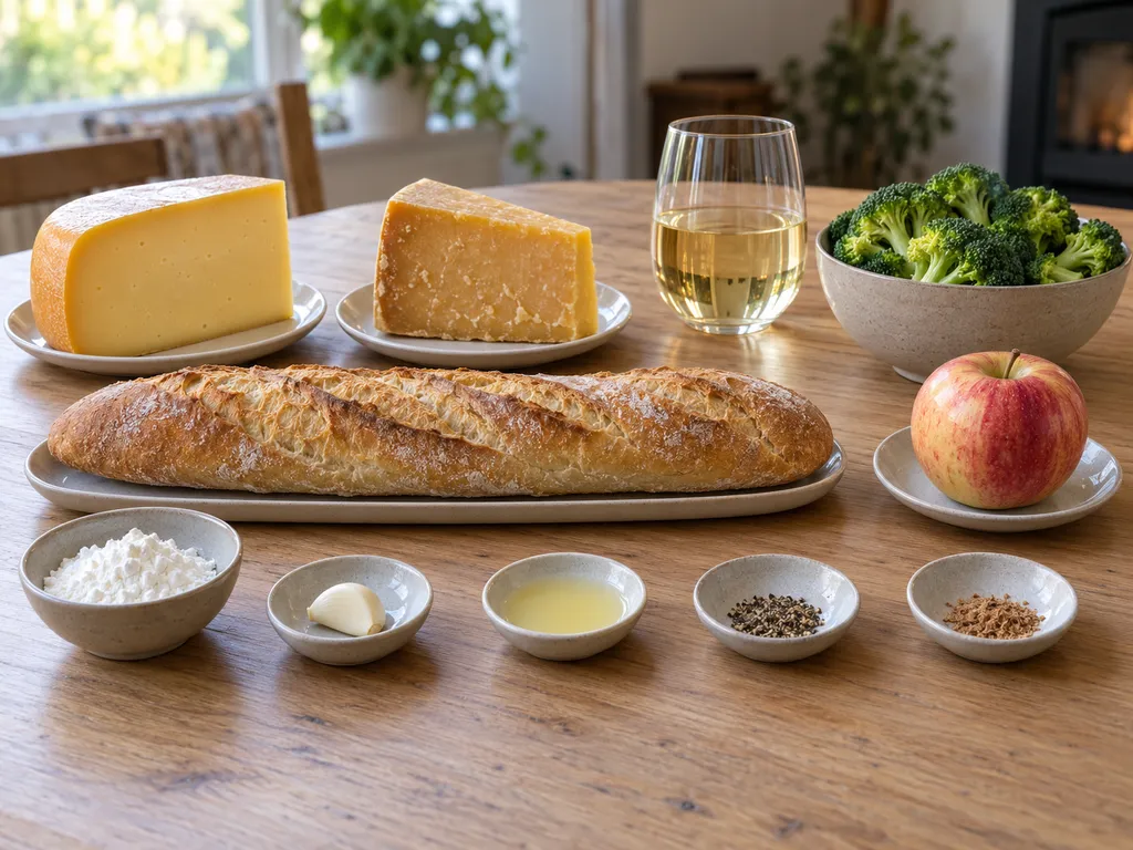 Goudse kaas, witte wijn, maizena en overige ingrediënten voor kaasfondue