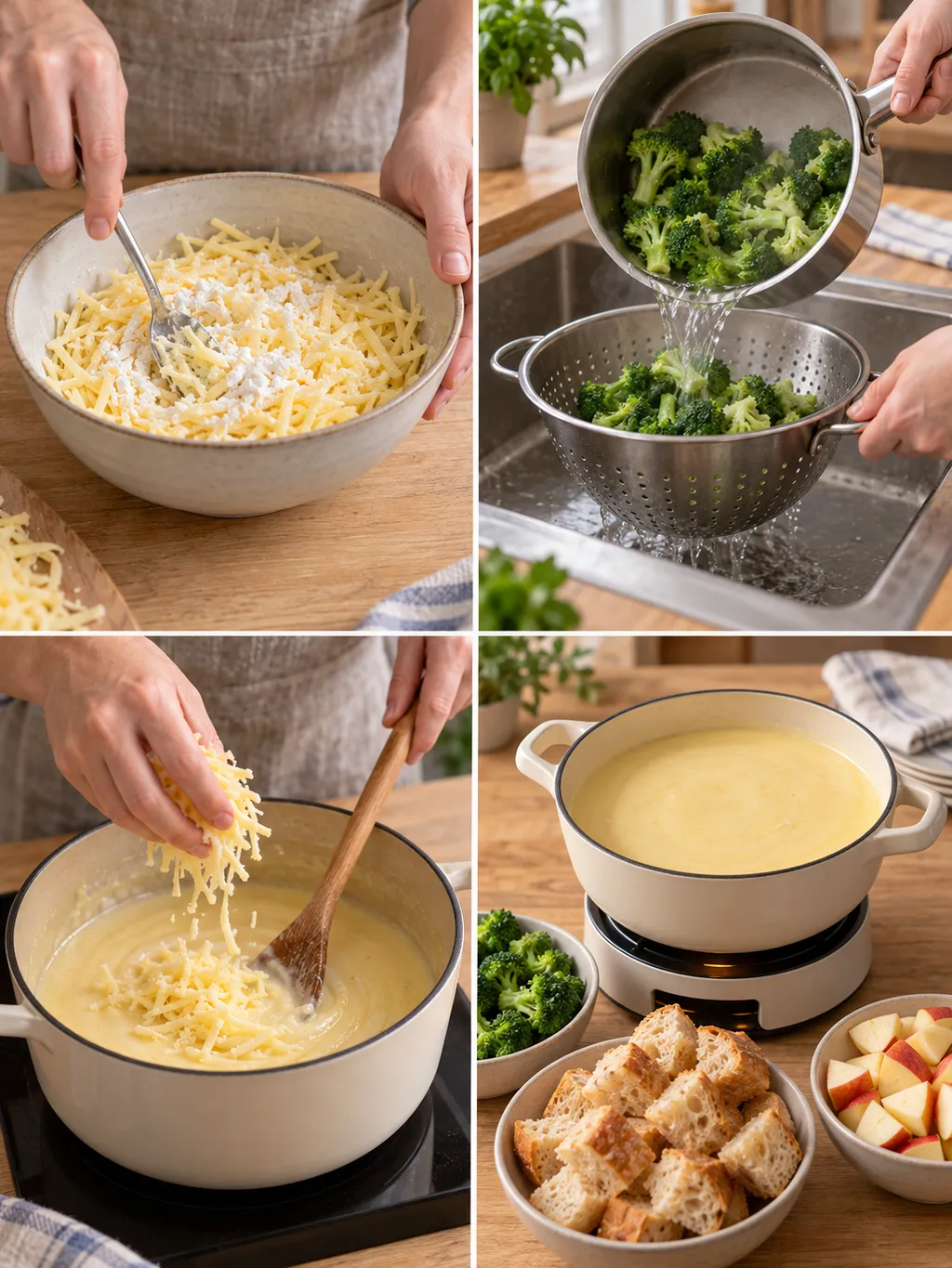 Kaas mengen, broccoli afgieten, kaas smelten en de afgewerkte kaasfondue