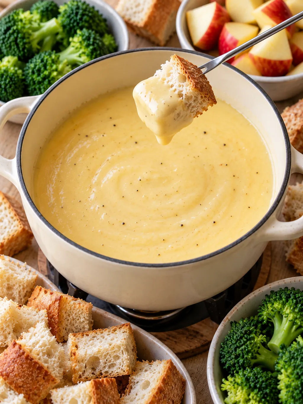 Stokbrood met romige Goudse kaasfondue naast broccoli en appel